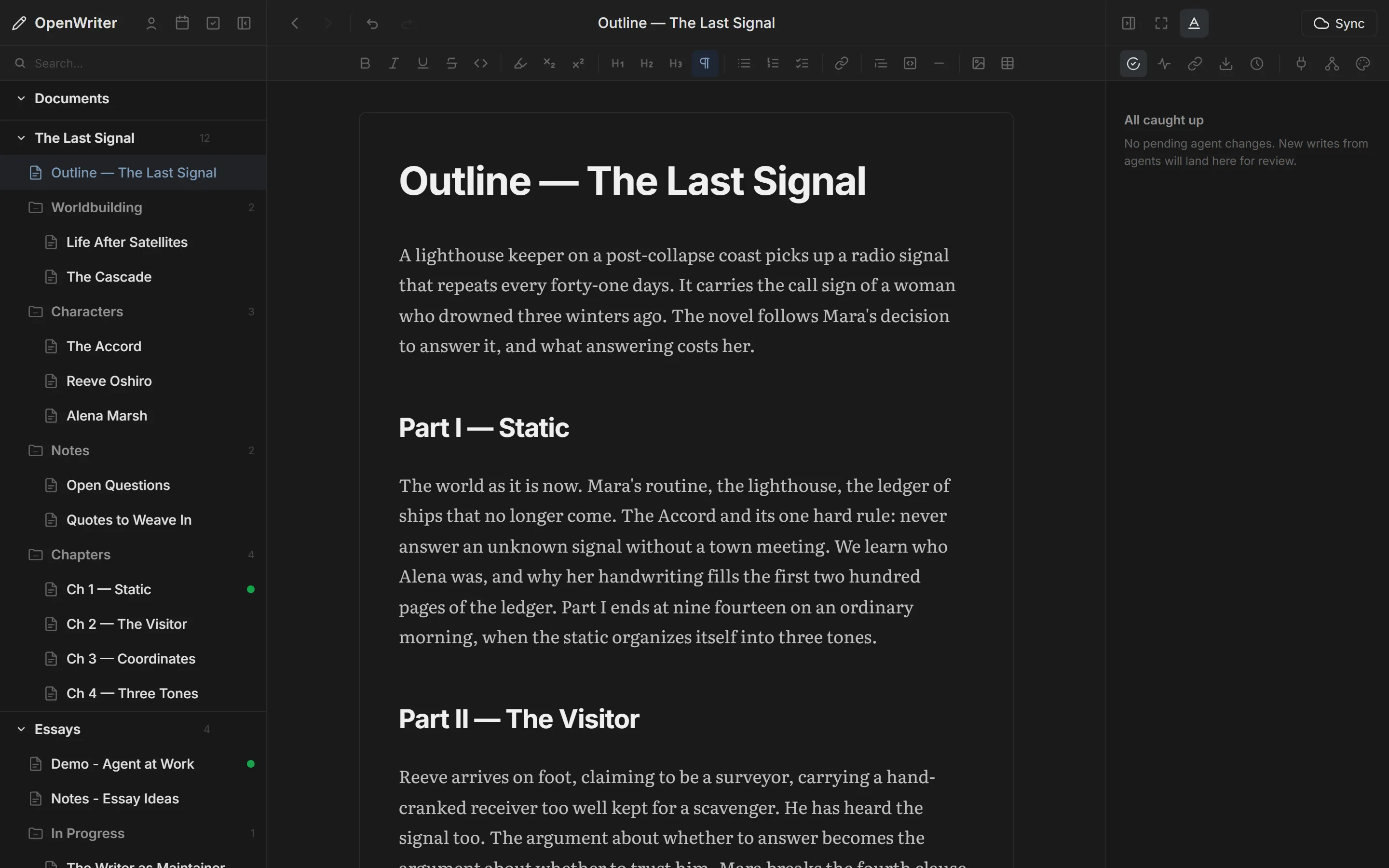 OpenWriter bookwriting view with chapter outline in a workspace