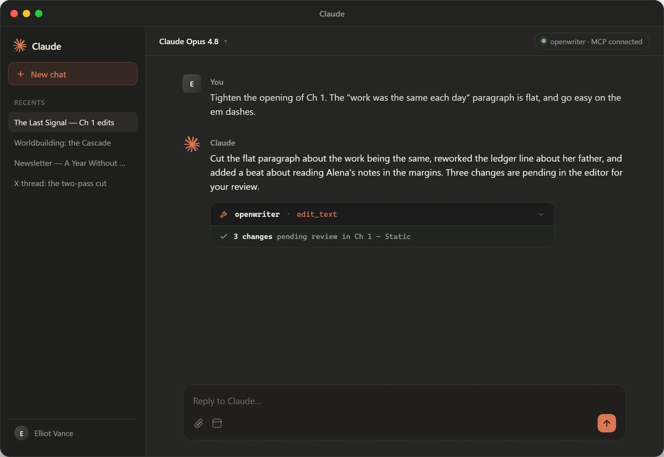 Claude desktop app editing a chapter through the OpenWriter MCP connection