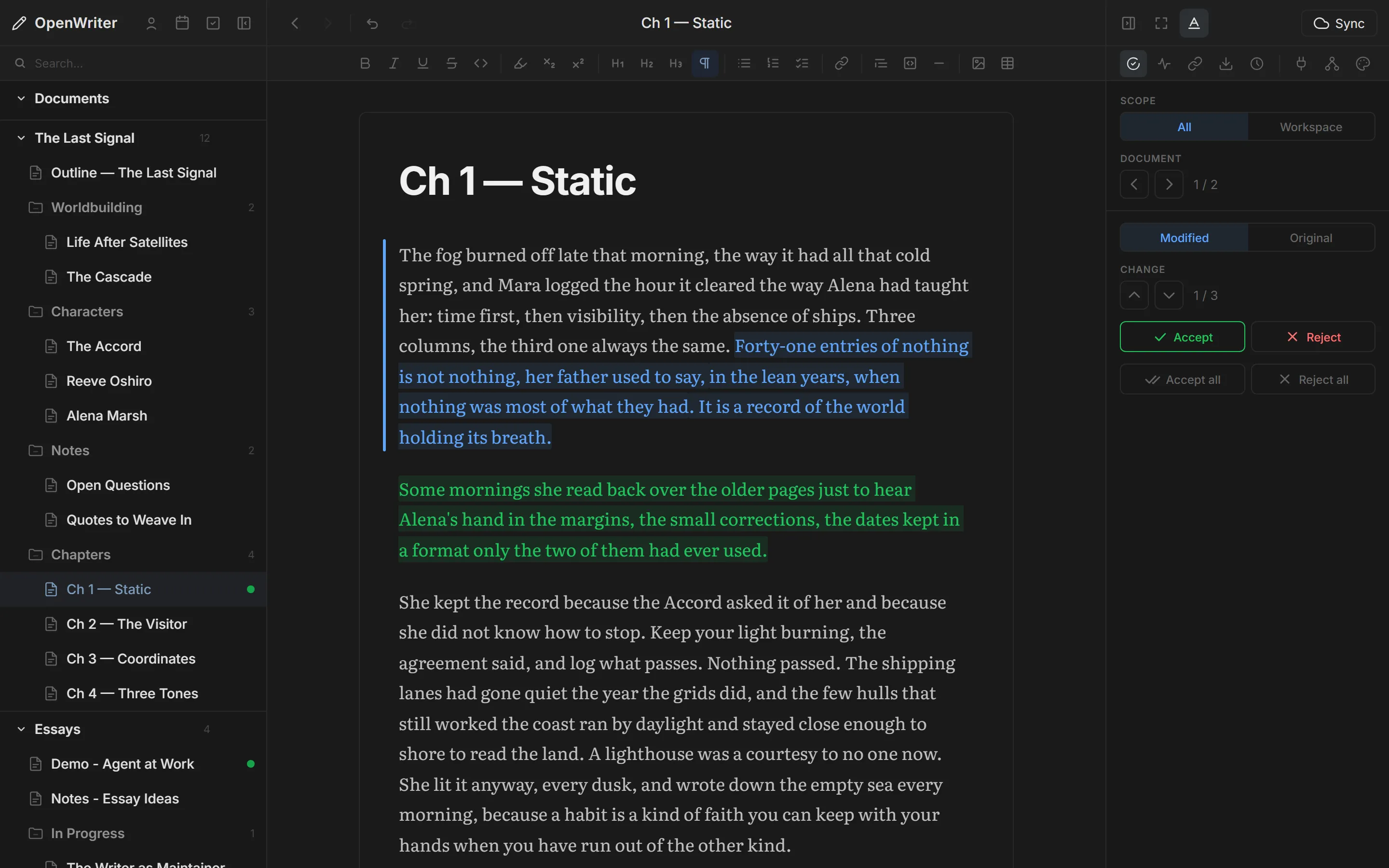 OpenWriter editor showing an agent's pending edits as green insert, blue rewrite, and red delete decorations