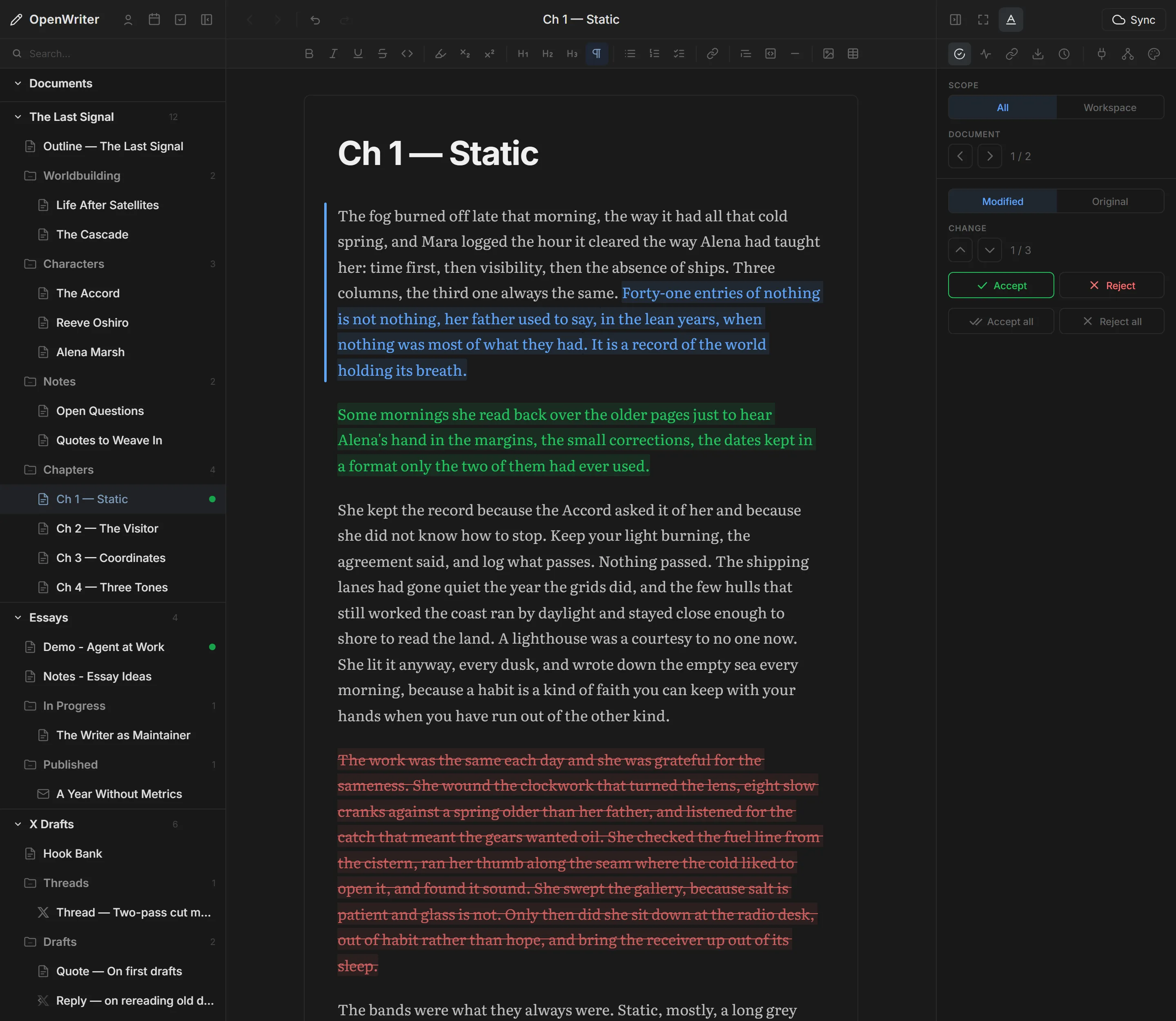 OpenWriter editor showing pending agent edits as green insert, blue rewrite, and red delete decorations