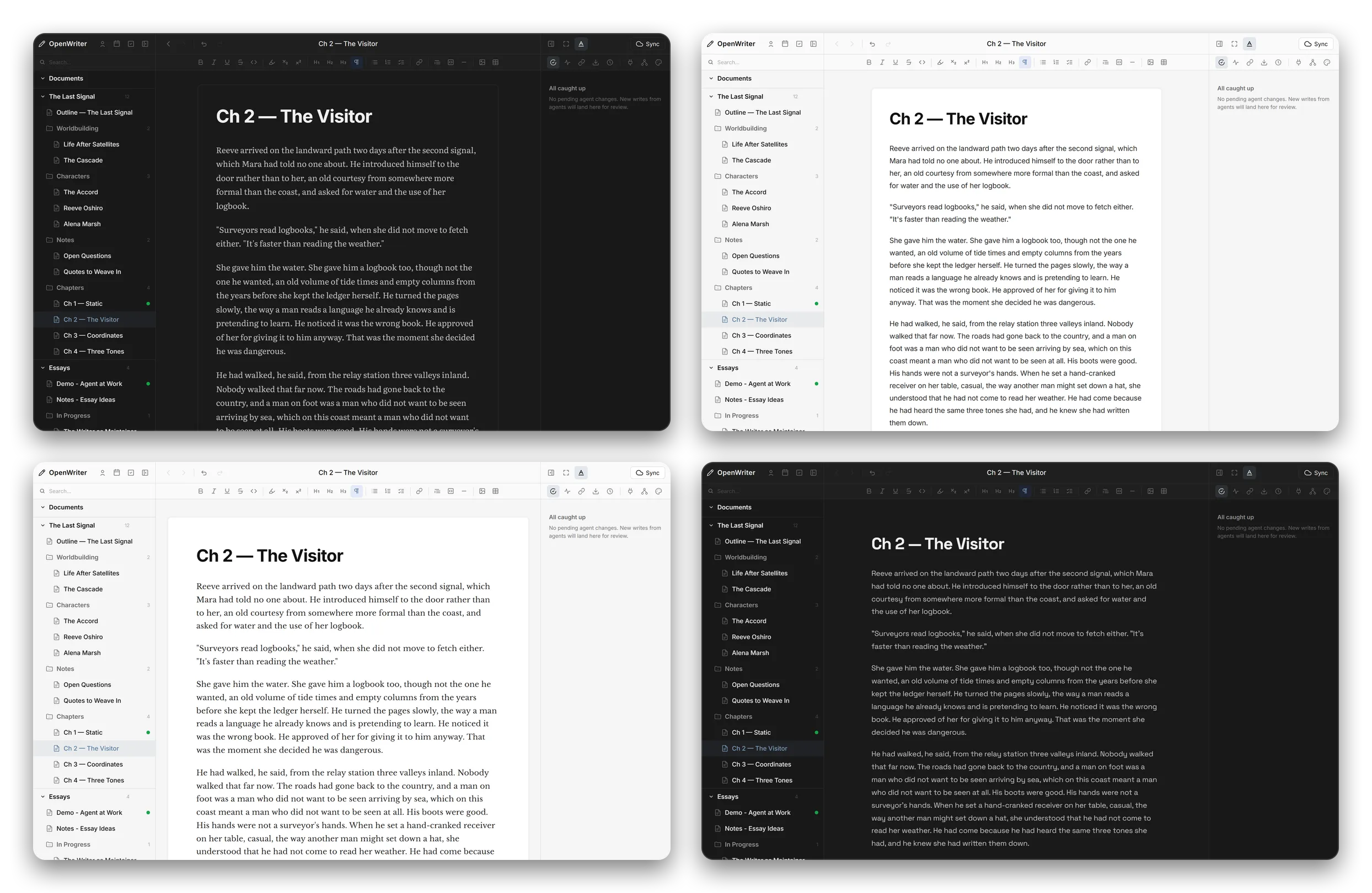 The same OpenWriter document in four appearances — dark and light mode, serif and sans-serif typefaces