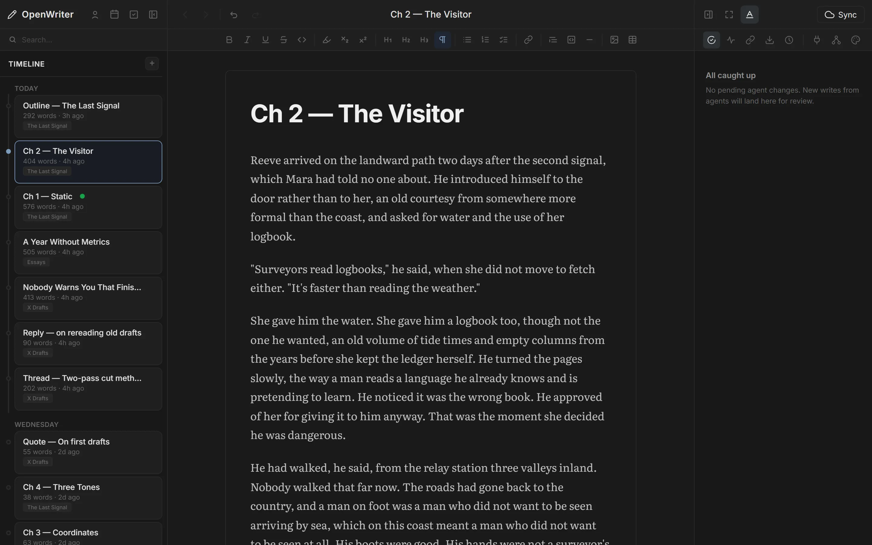 OpenWriter sidebar in Timeline view — documents grouped by day as chronological cards