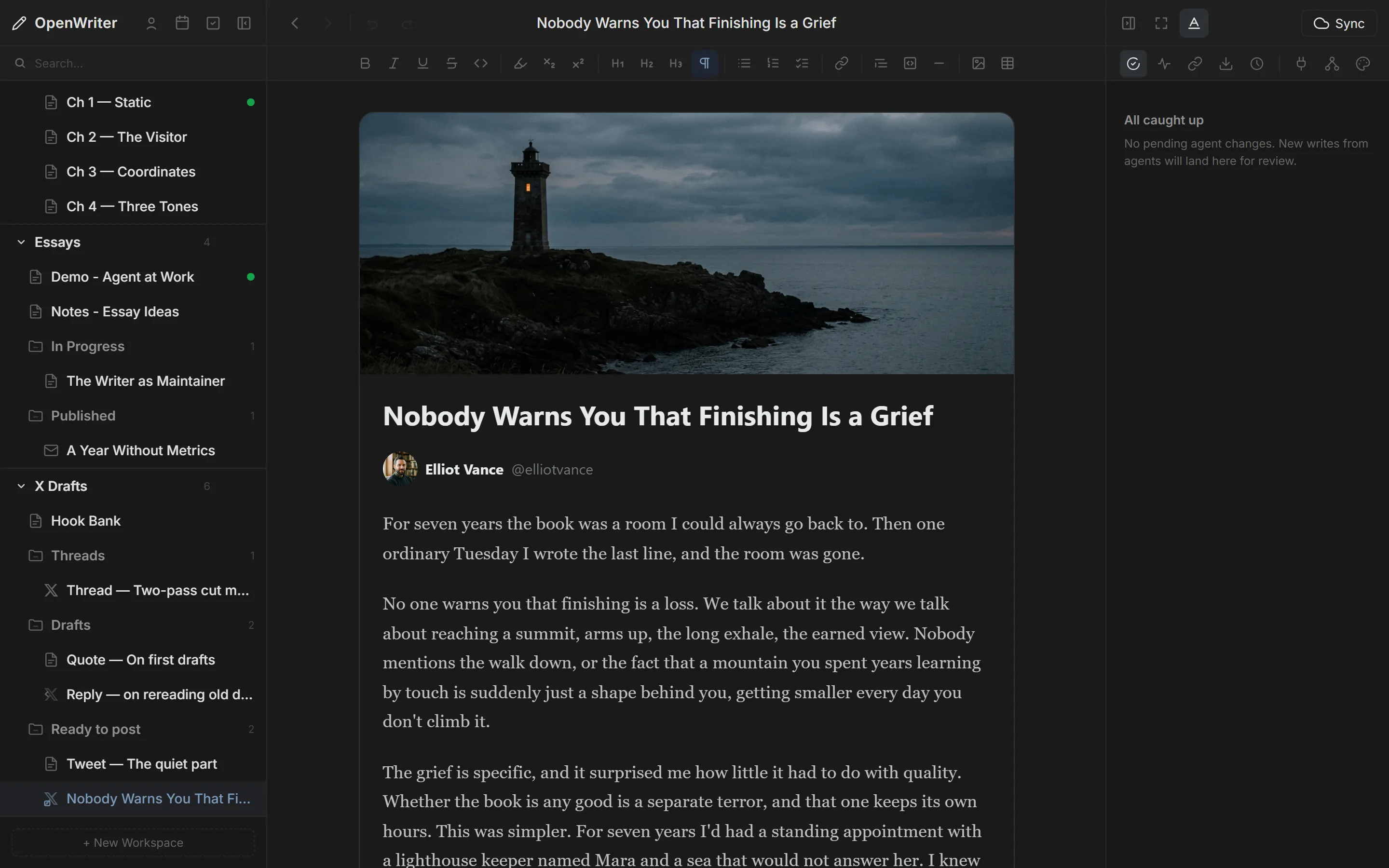 OpenWriter X Article compose view with cover image and long-form body