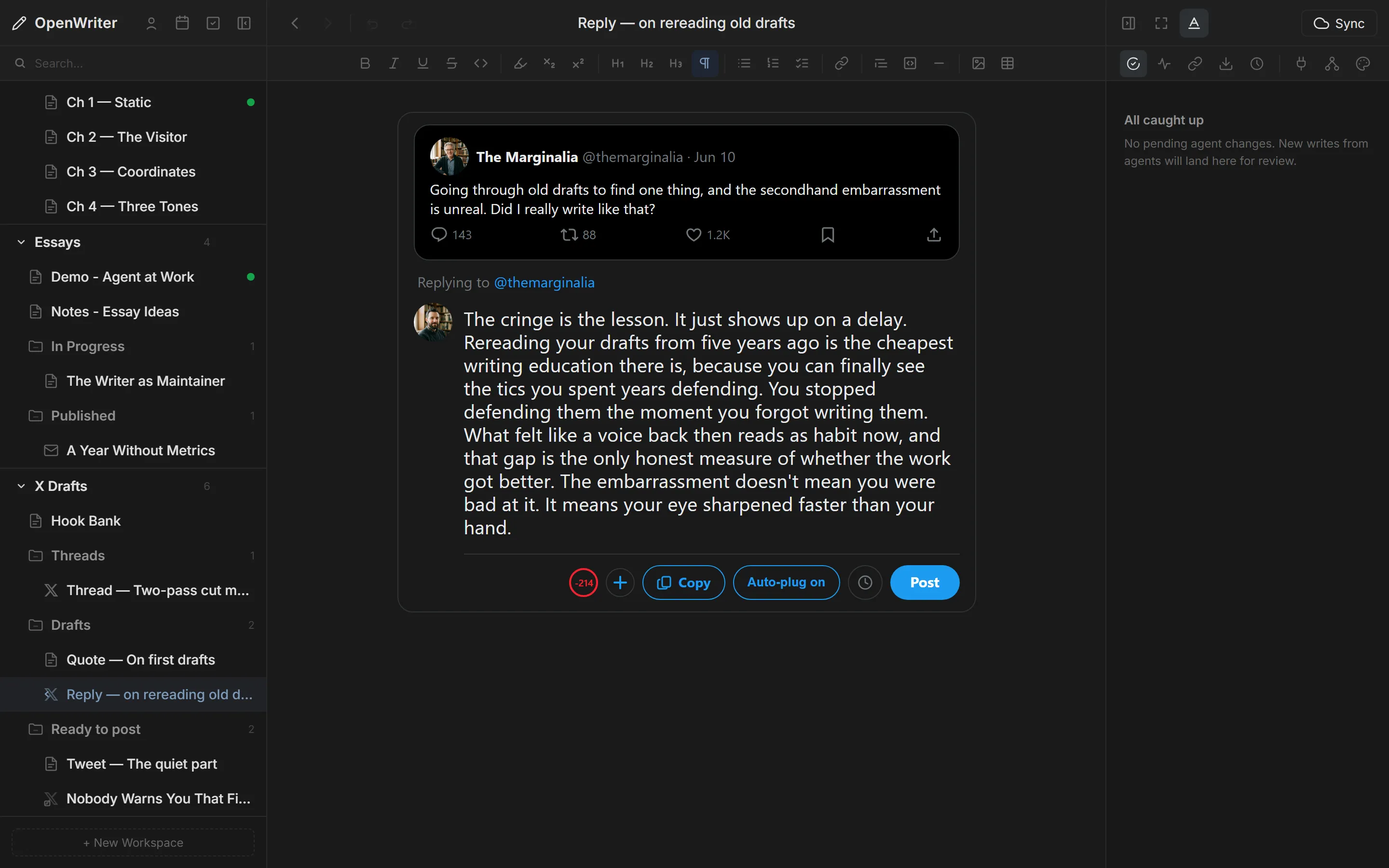 OpenWriter X reply compose view with embedded parent tweet