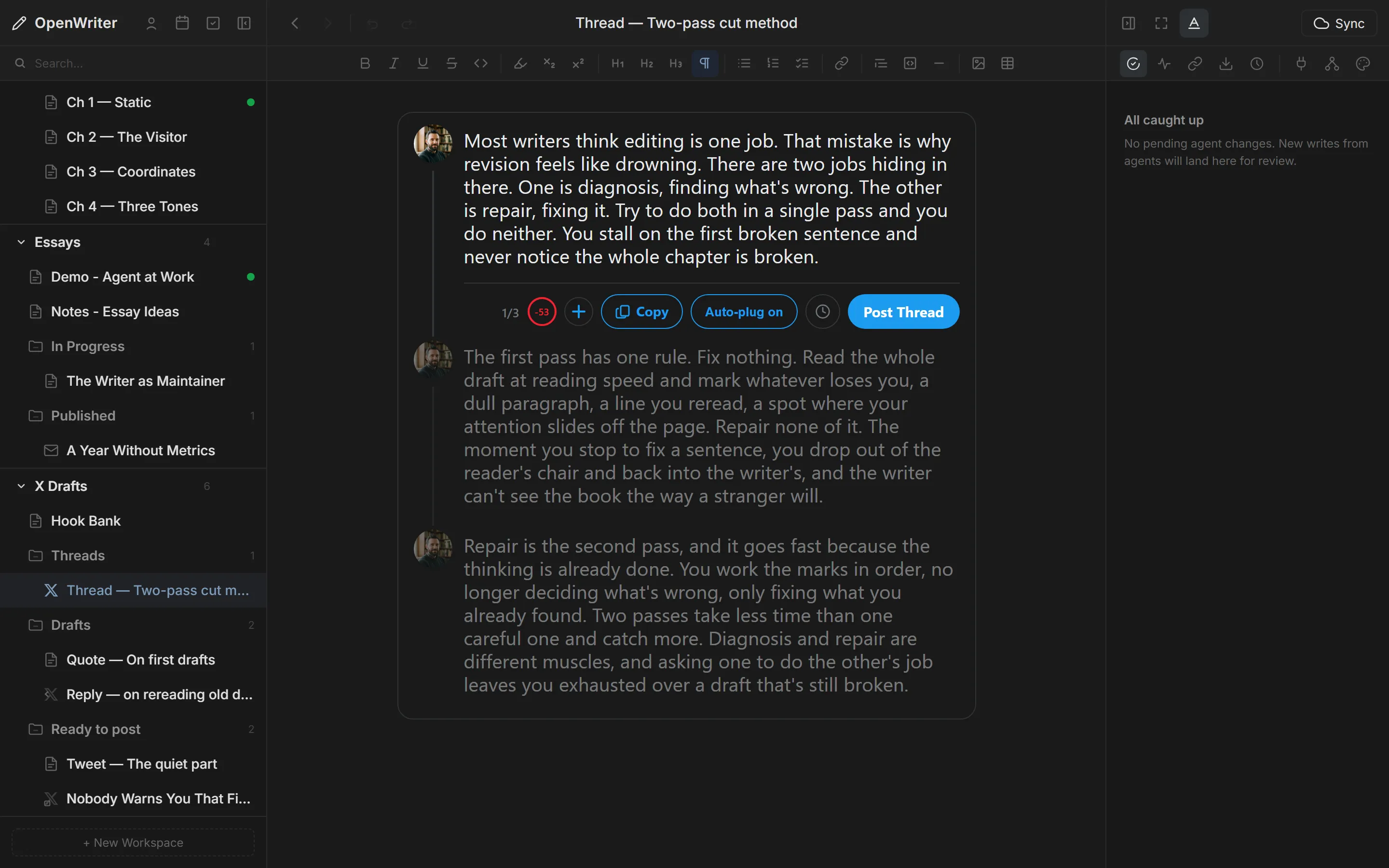 OpenWriter X thread compose view with linked tweets