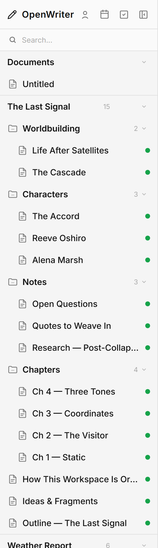 OpenWriter sidebar showing nested workspaces with containers