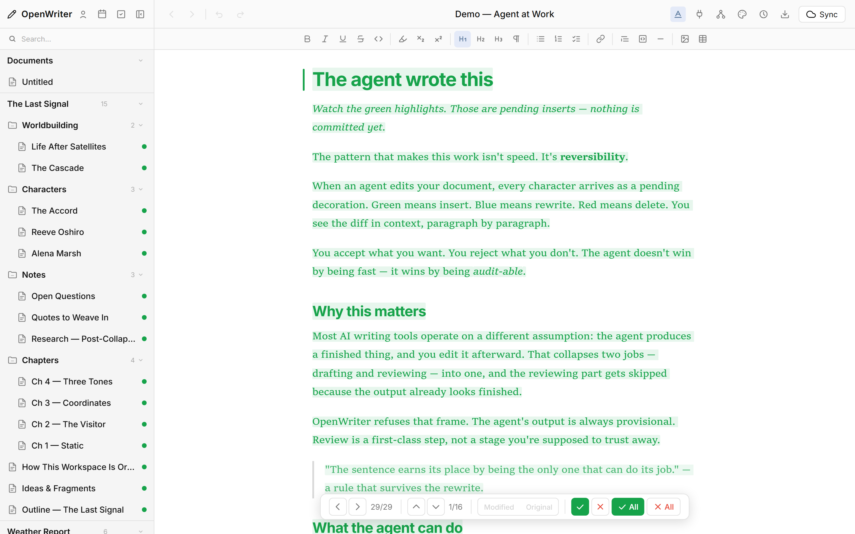 OpenWriter editor showing agent pending changes as green highlights